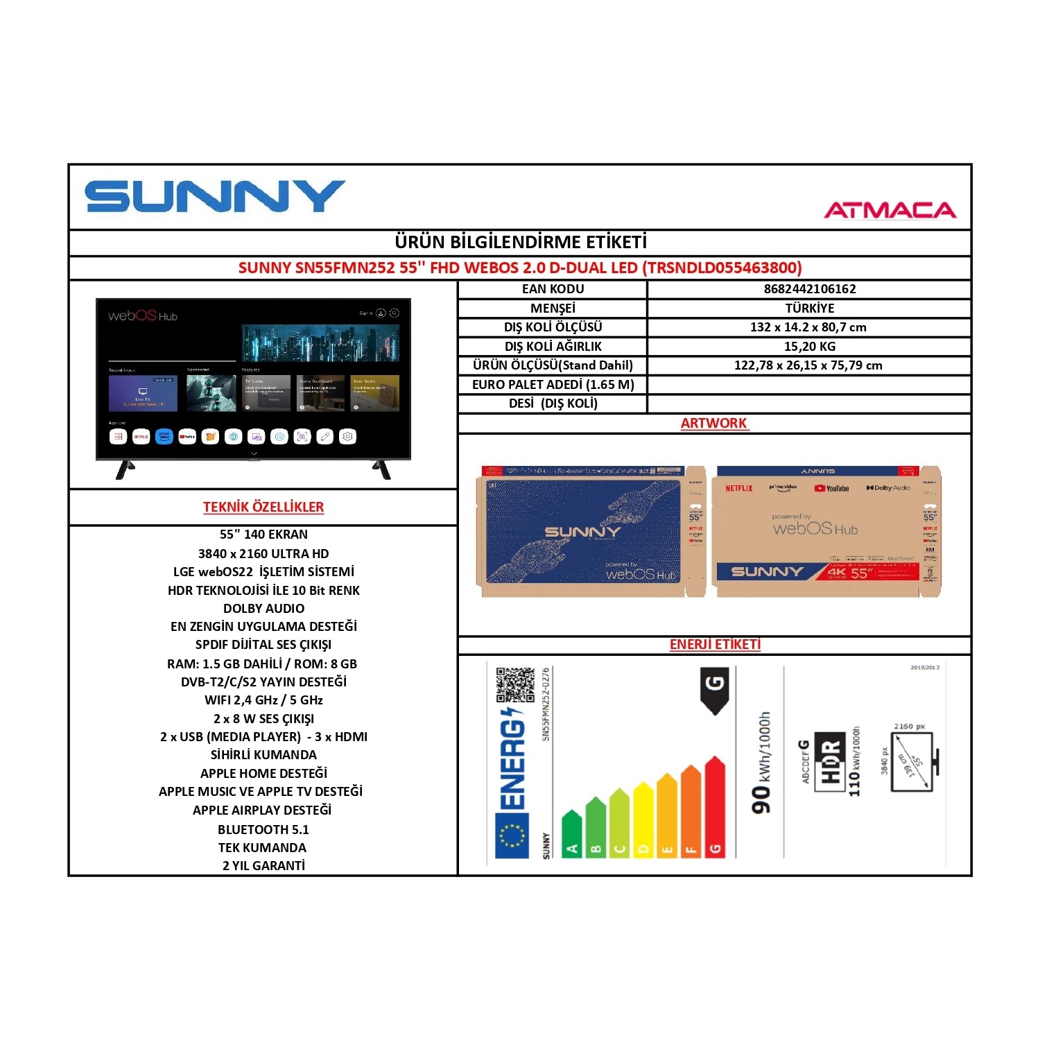 sunny sn55fmn252 55 inç webos televizyon 8682442106162